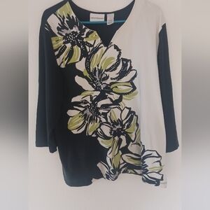 Alfred Dunner Black and White Floral Asymmetrical Blouse Lg
